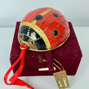 Large Vintage Cloisonné Enamel Ladybug Christmas Ornament in Velvet Box
